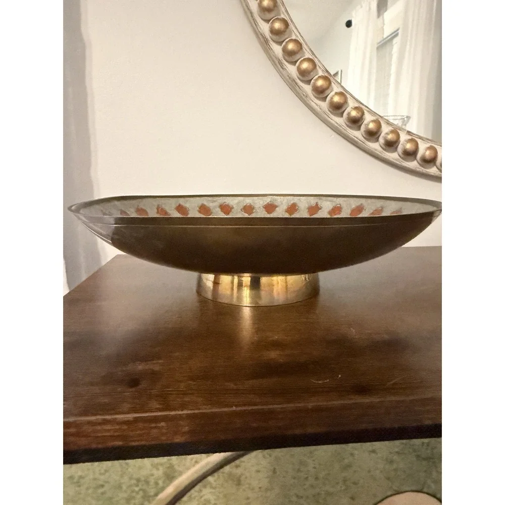 Vintage Solid Brass Hand Painted Folk Art Pedestal Bowl India Heart Dove 11